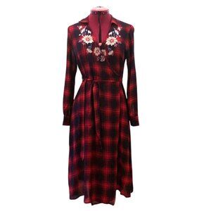 TWIK - Red Plaid Wrap Surplice A-Line flannel dress  flower embroidery LARGE